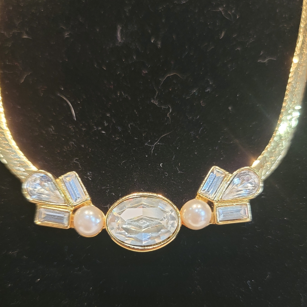 Vintage Park Lane Rhinestone & Faux Pearl Necklace Gold Tone Bridal Prom Classic - Picture 2 of 4
